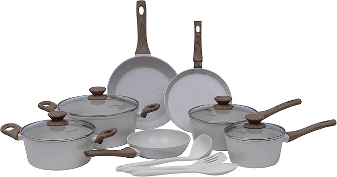 Mimo Style Conjunto 7 panelas de indução + 3 acessórios, Aluminio, 2 camadas de revestimento cerâmico, 1 camada resistente à alta temperatura (Mármol)