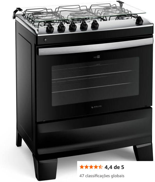 Fogão 5 Bocas Preto com Mesa Inox Atlas Agile Up Bivolt