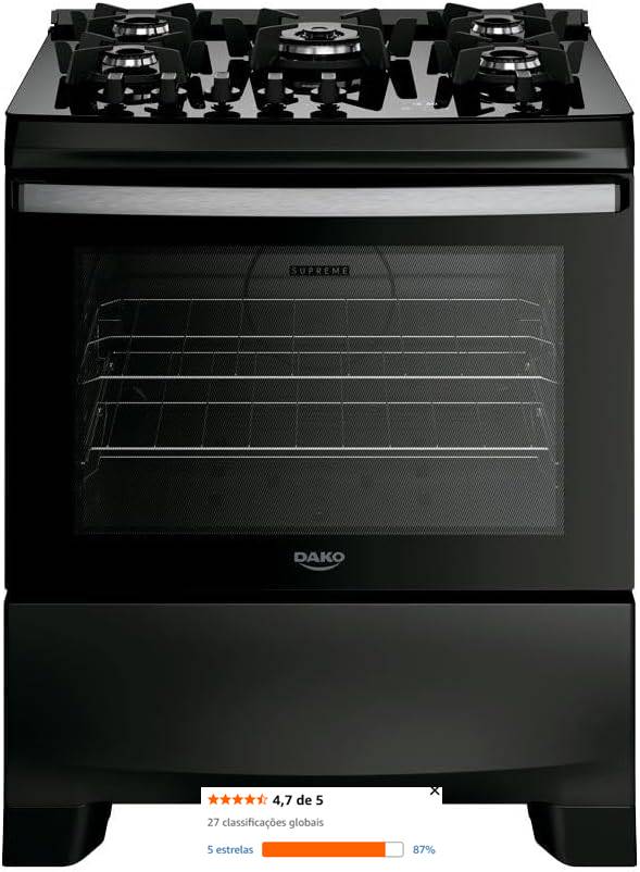 2 - Fogão 5 Bocas Dako Supreme Black Glass com Timer Digital e Mesa de Vidro Preto Bivolt