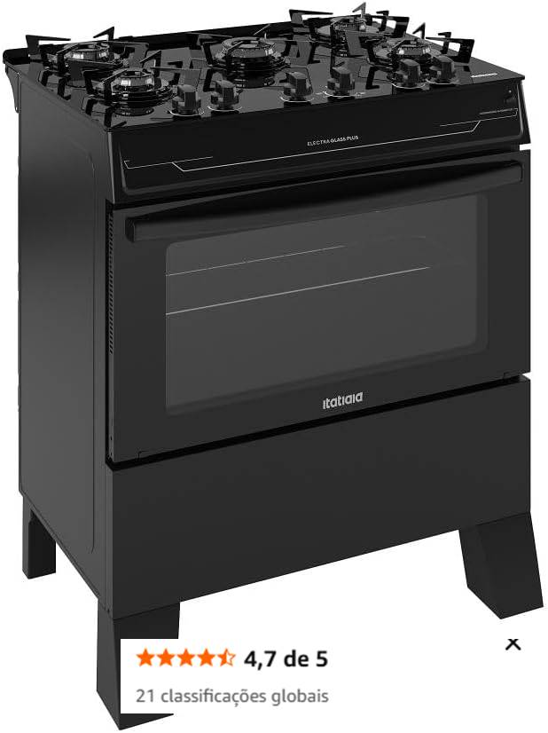 Fogão Itatiaia 5 Bocas Electra Glass Plus Preto Bivolt