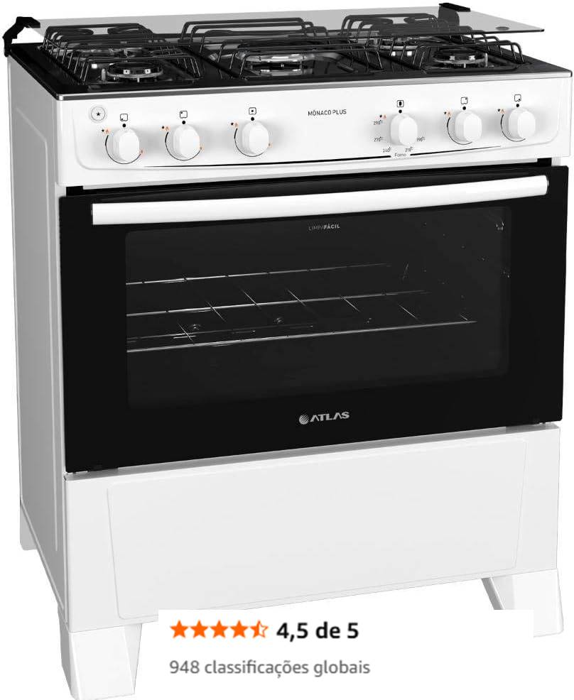 Fogão 5 bocas Atlas Mônaco Plus Branco com Acendimento Automático e Mesa Inox