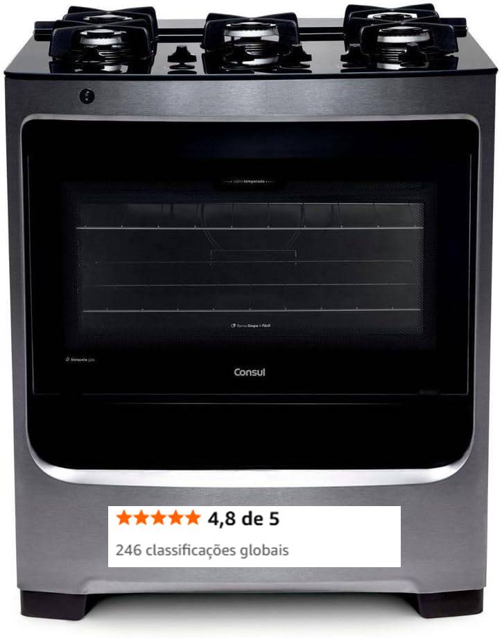 Fogão Consul 5 bocas cor Inox com mesa de vidro e grade de ferro fundido - CFS5VAR BIVOLT