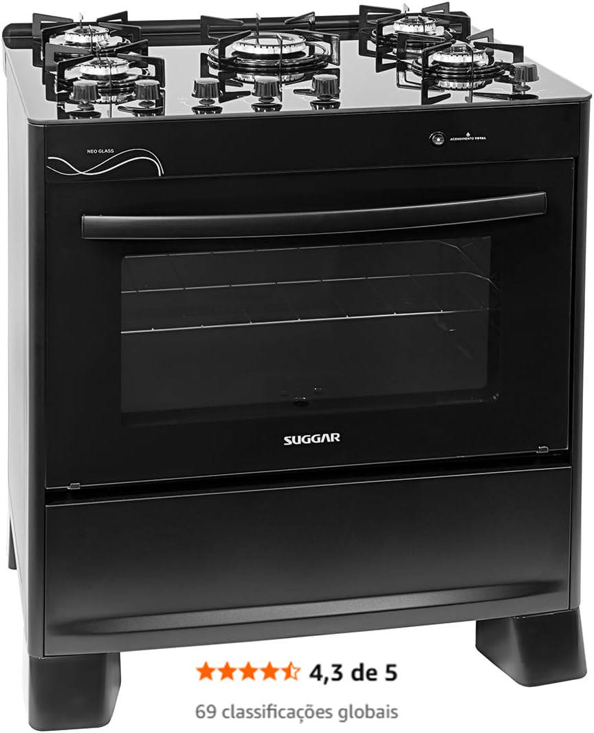 SUGGAR FOGÃO NEO GLASS PRETO MESA DE VIDRO 5 BOCAS TREMPE 6 APOIOS ACENDIMENTO AUTOMÁTICO FGVNG510PT